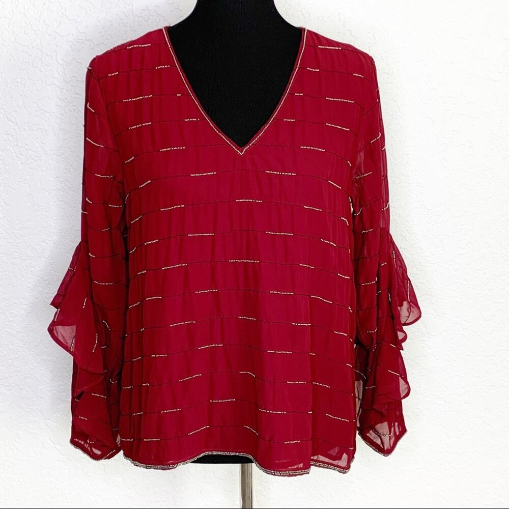 Michael Stars maroon red beaded ruffle sheer sleeve top NWT size Medium